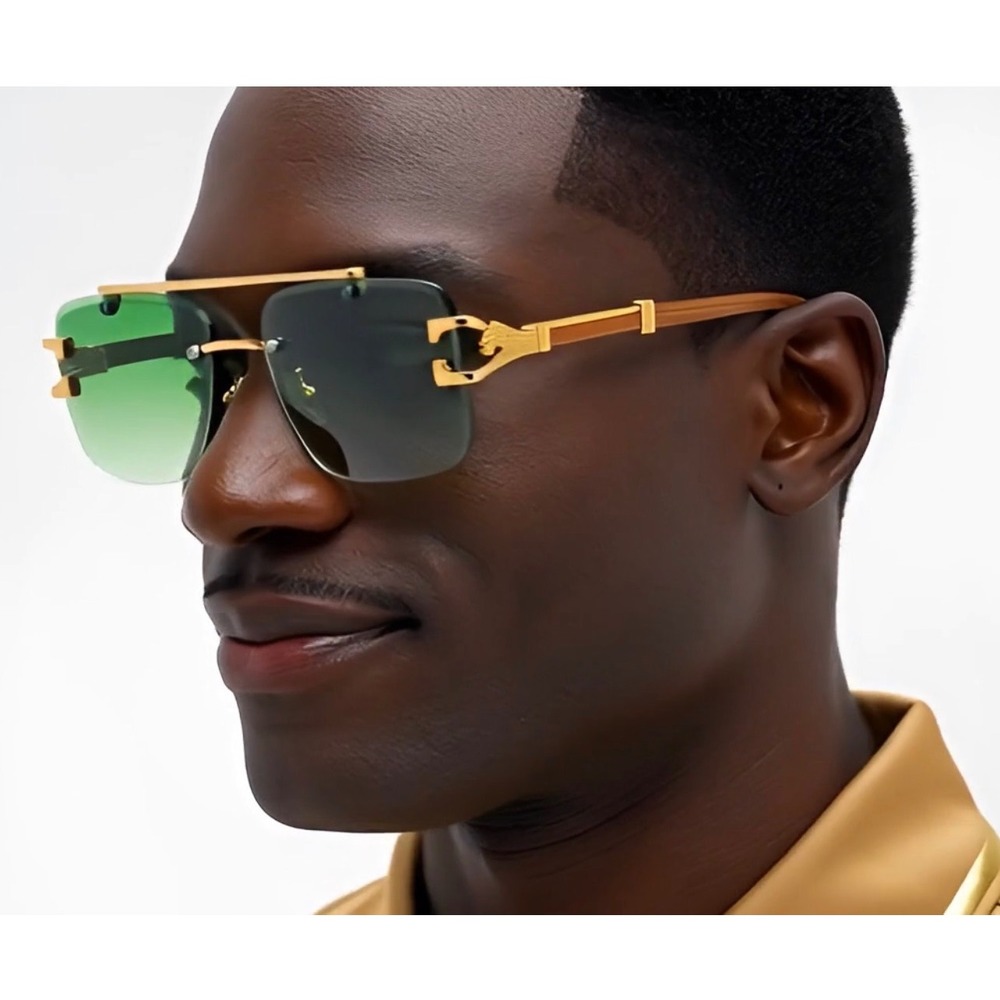 Mens Green Gradient Rimless Square Sunglasses‎ Gold Panther Luxury Hp Hop Rapper